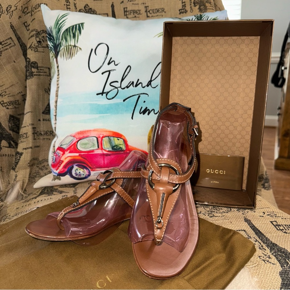 Gucci Horsebit Brown Leather Ankle Strap Thong Flat Sandals Size 36